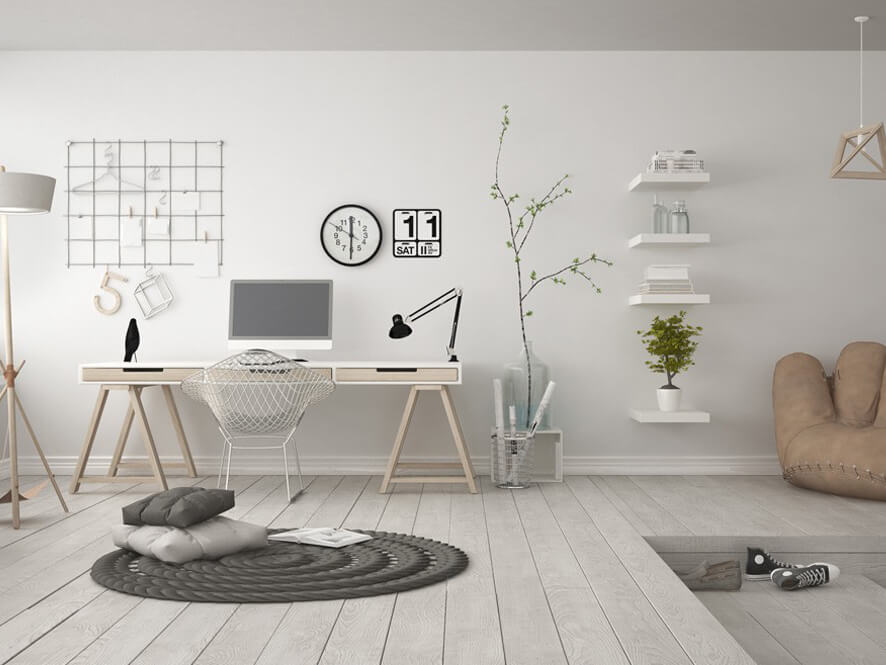 Scandi_vibe_study_space_monotone_white_scheme_white_floorboards_wall_ceiling_desk_rug_beanbag